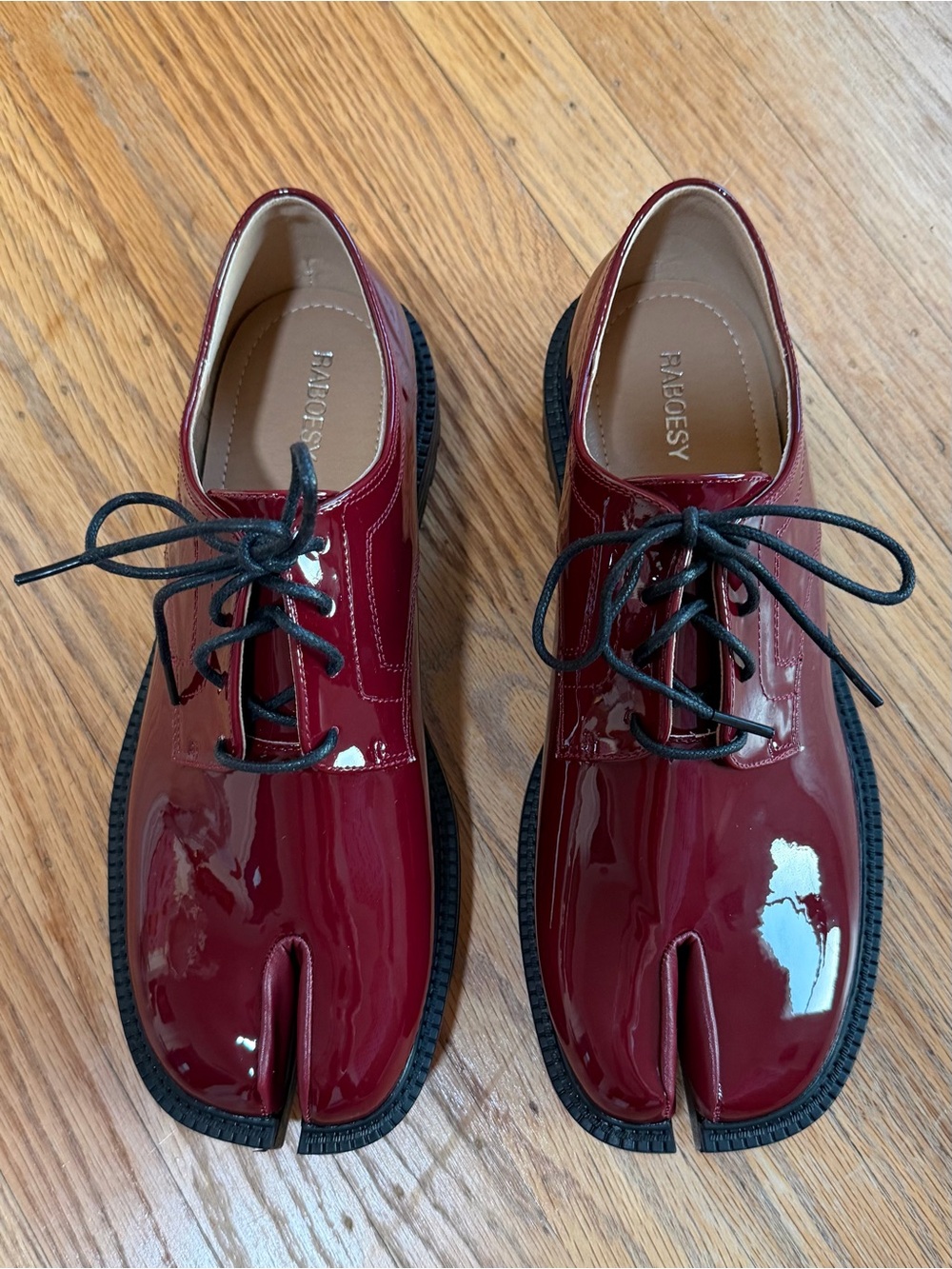 Maroon Patent Leather Tabi-style Oxfords